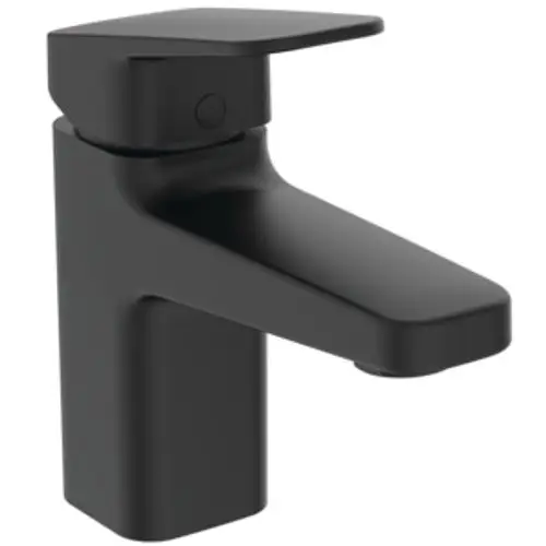 Schwarze Waschtischarmatur von Ideal Standard mit schlichter Form und einem Hebel. Geeignet für moderne Badezimmergestaltung.